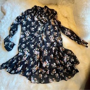 Zara - Semi-Sheer Black Floral Chiffon Flowy Mini Dress/Tunic Top - S